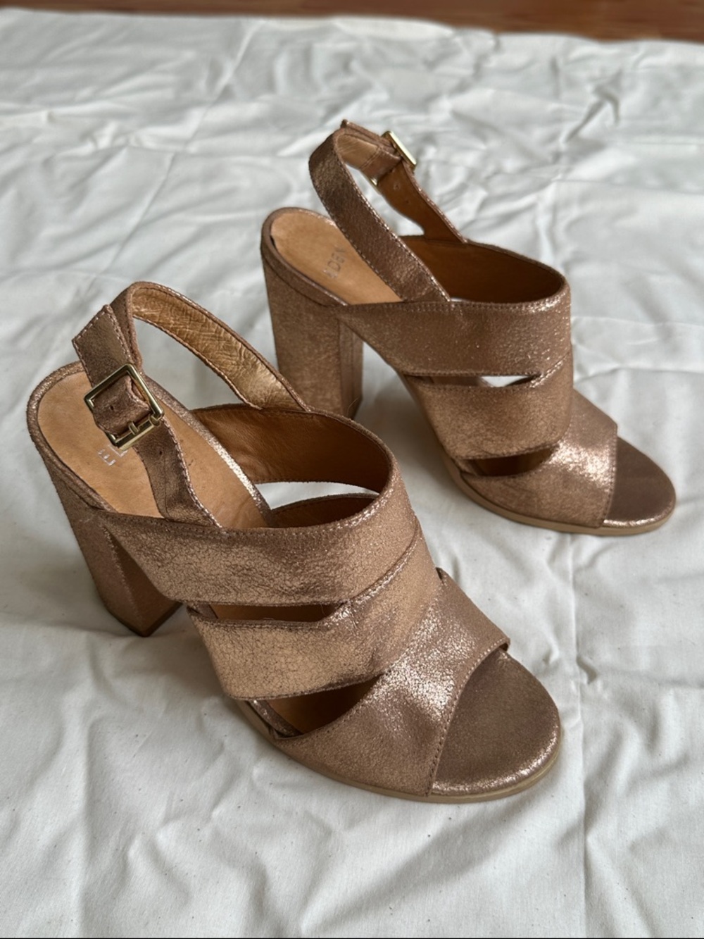 Rose Gold Leather Block Heel Sandals with Buckle Strap